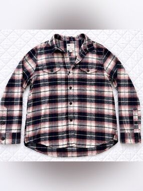 Tilley Organic Cotton Plaid Flannel Shirt Womens Large Pink Navy MC